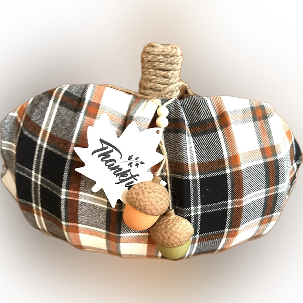 NEW Artisan Handmade Plaid Fabric Pumpkin Acorn Thanksgiving Thankful Fall Decor